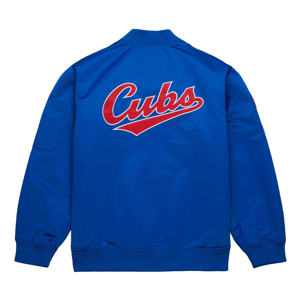Chicago Cubs Mitchell & Ness Lightweight Satin Bomber Jacket product image 2, provided for visual reference and product