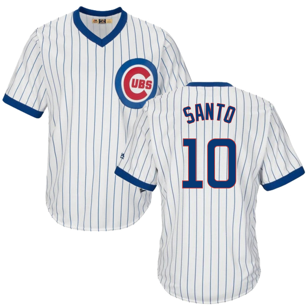 Ron Santo Chicago Cubs Cooperstown White Pinstripe V-Neck Home Men Jersey product image 1, provided for visual reference and