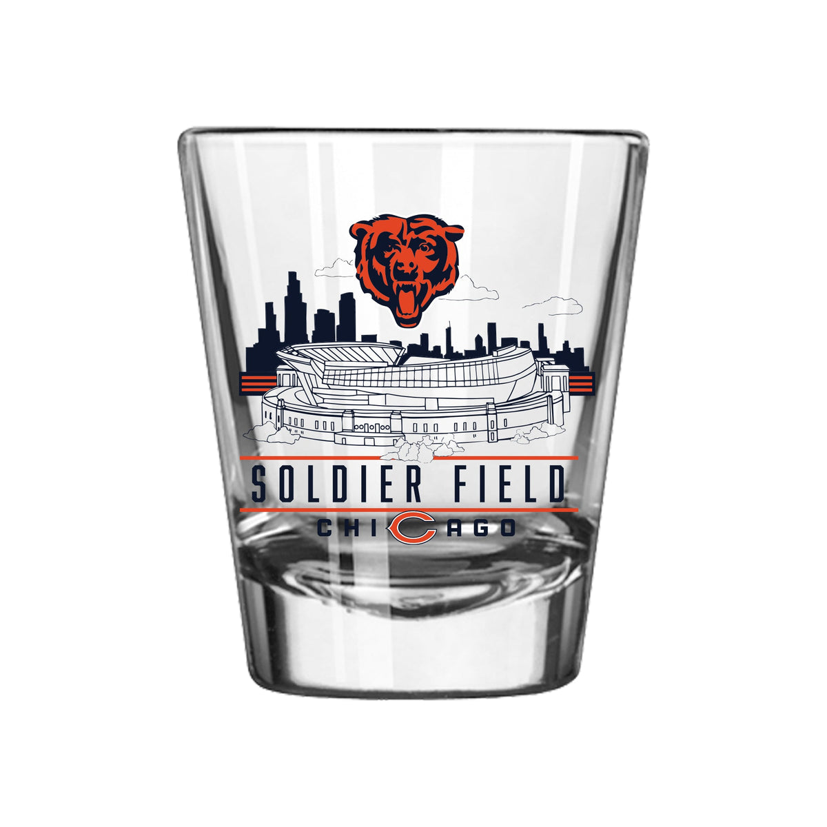 Chicago Bears Clear Soldier Field Shot Glass product image 1, provided for visual reference and product detail review