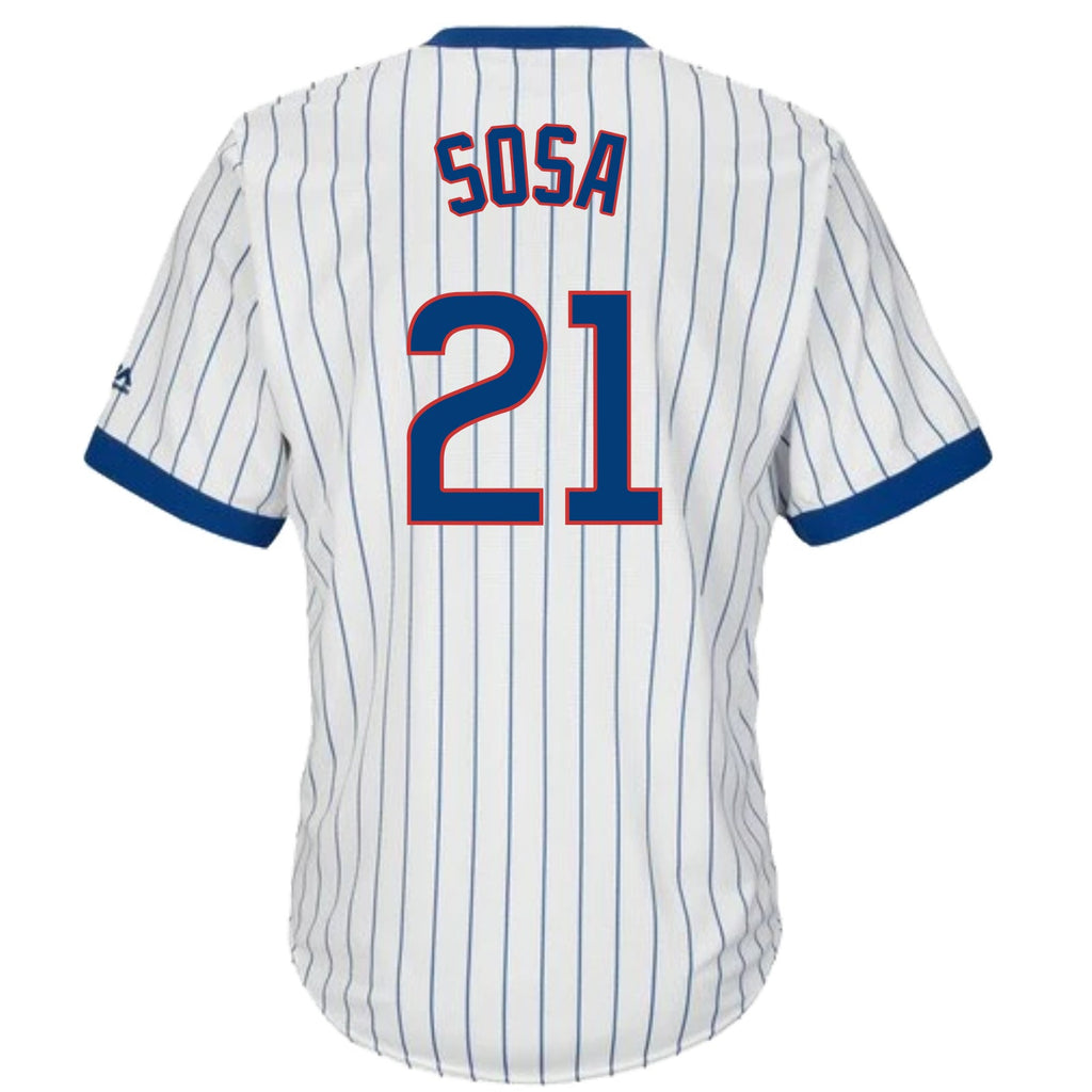 Sammy Sosa Chicago Cubs Cooperstown White Pinstripe V-Neck Home Men Jersey product image 2, provided for visual reference