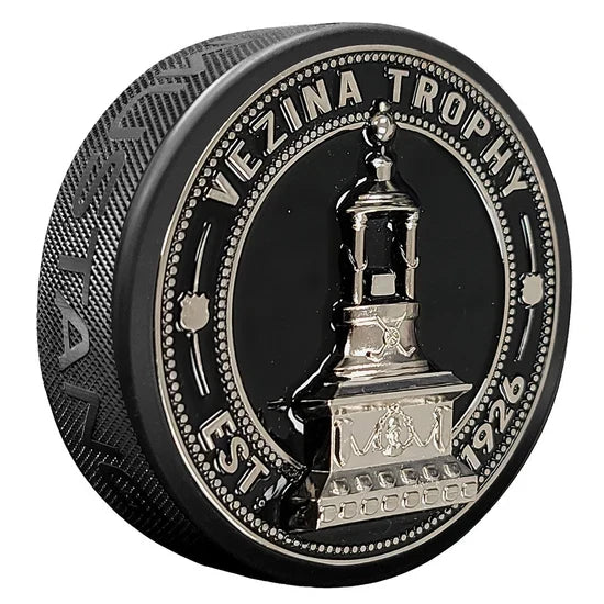 NHL Vezina Trophy Ultra 3D Silver Medallion Hockey Puck product image 1, provided for visual reference and product detail