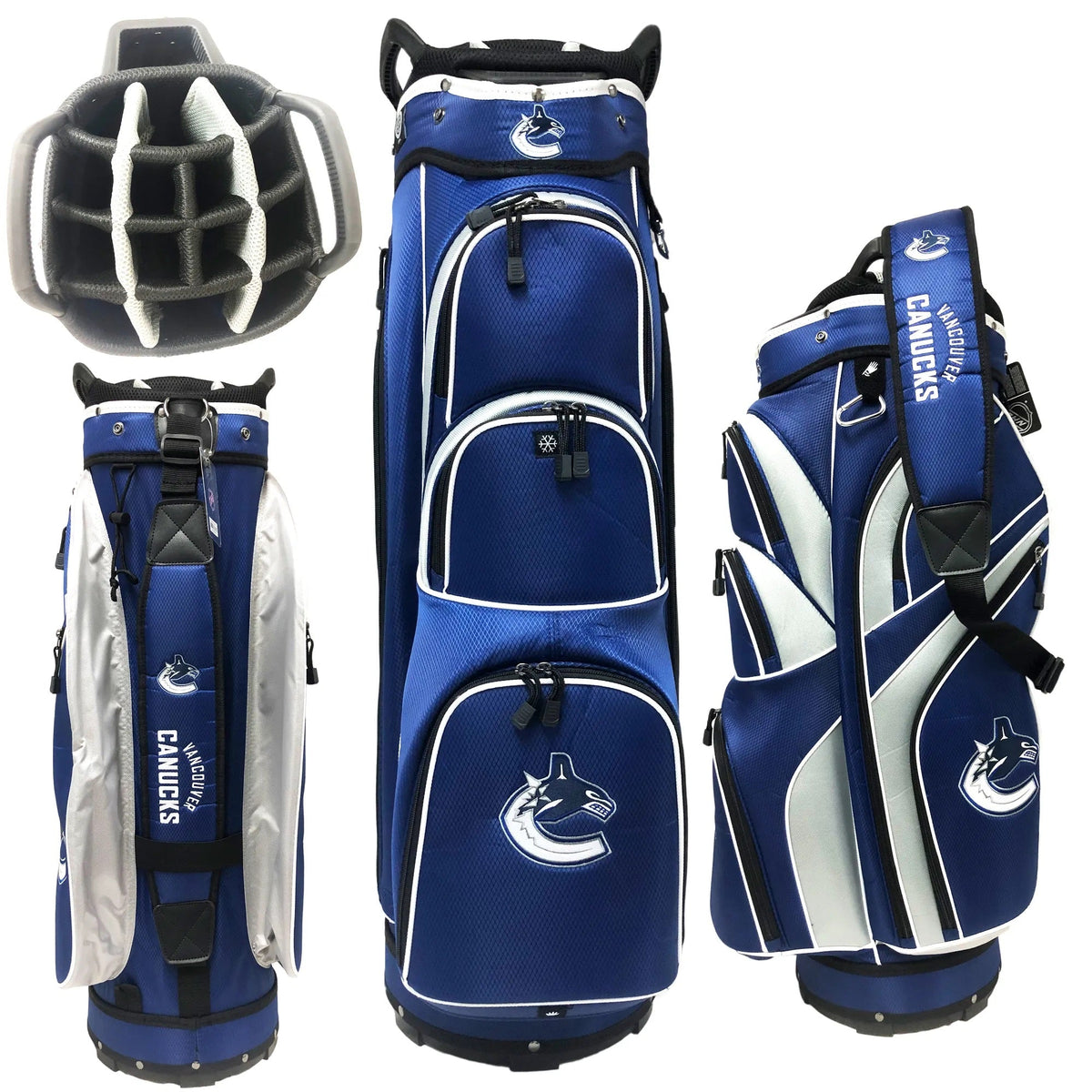 Vancouver Canucks NHL Royal Blue/White Golf Cart Bag product image 2, provided for visual reference and product detail review