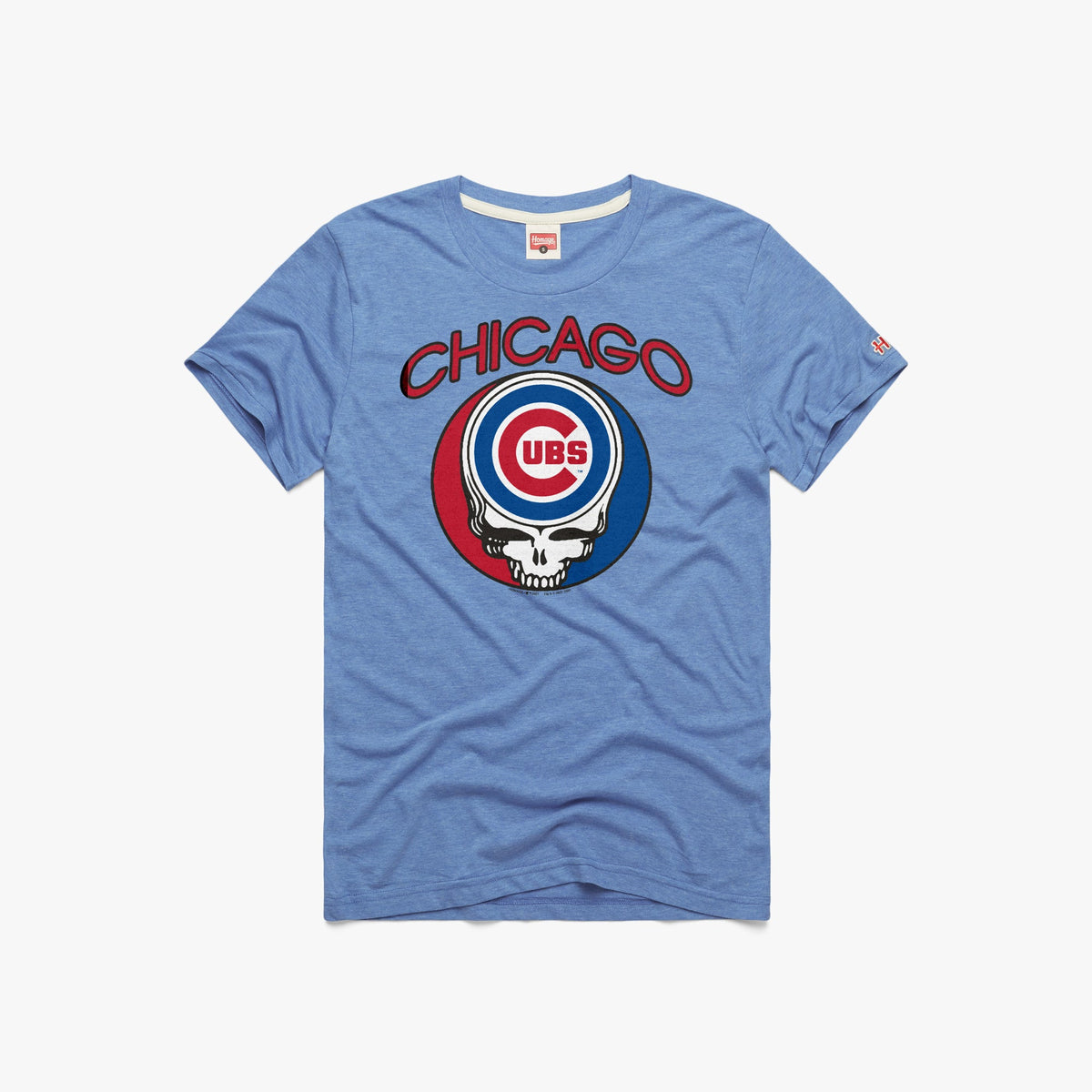 Chicago Cubs Homage Light Blue Grateful Dead Skull T-Shirt product image 1, provided for visual reference and product detail