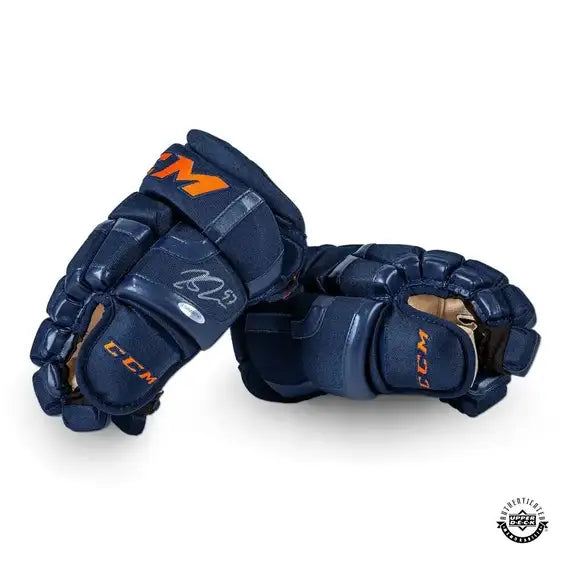 Connor McDavid Edmonton Oilers NHL CCM Navy 2017 Autographed Gloves product image 1, provided for visual reference and