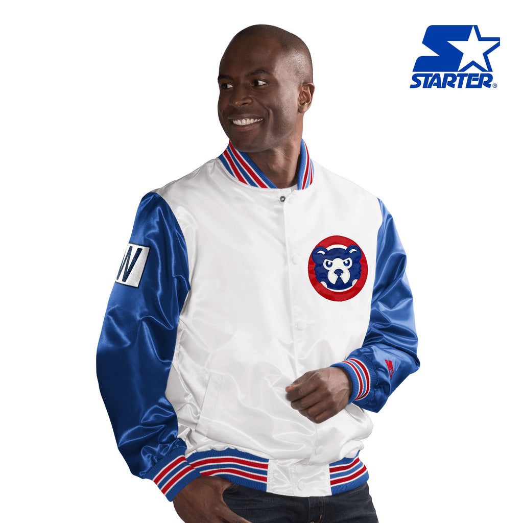 Chicago Cubs White 84 Bear Starter Jacket product image 1, provided for visual reference and product detail review
