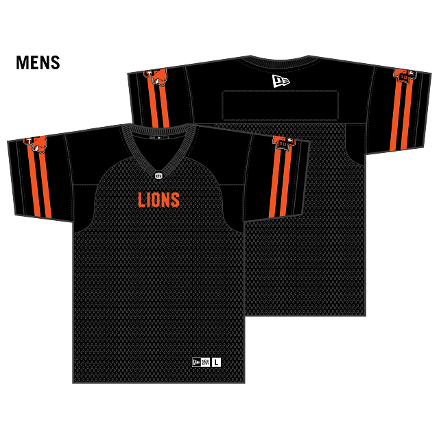BC Lions CFL New Era Men Black 2025 Home Replica Jersey product image 1, provided for visual reference and product detail