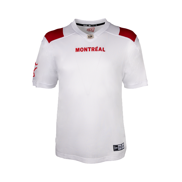 Montreal Alouettes CFL New Era Men White 2023 Away Replica Jersey product image 1, provided for visual reference and product