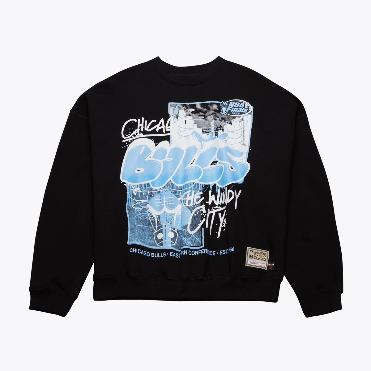 Chicago Bulls Mitchell & Ness Black/Light Blue Throw Down Crew product image 1, provided for visual reference and product