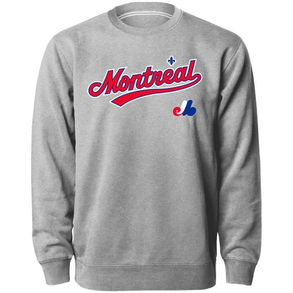 Montreal Expos MLB Bulletin Men Athletic Grey Cooperstown Twill Applique Crew Sweater product image 1, provided for visual