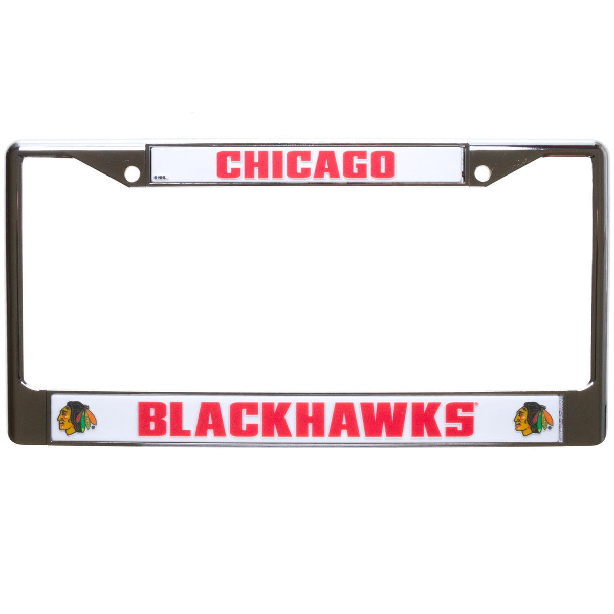 Chicago Blackhawks White and Chrome License Plate Frame product image 1, provided for visual reference and product detail