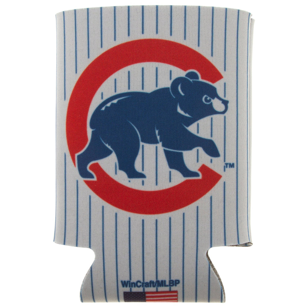 Chicago Cubs Pinstripe Bullseye and Crawl Bear Can Coozie product image 2, provided for visual reference and product detail