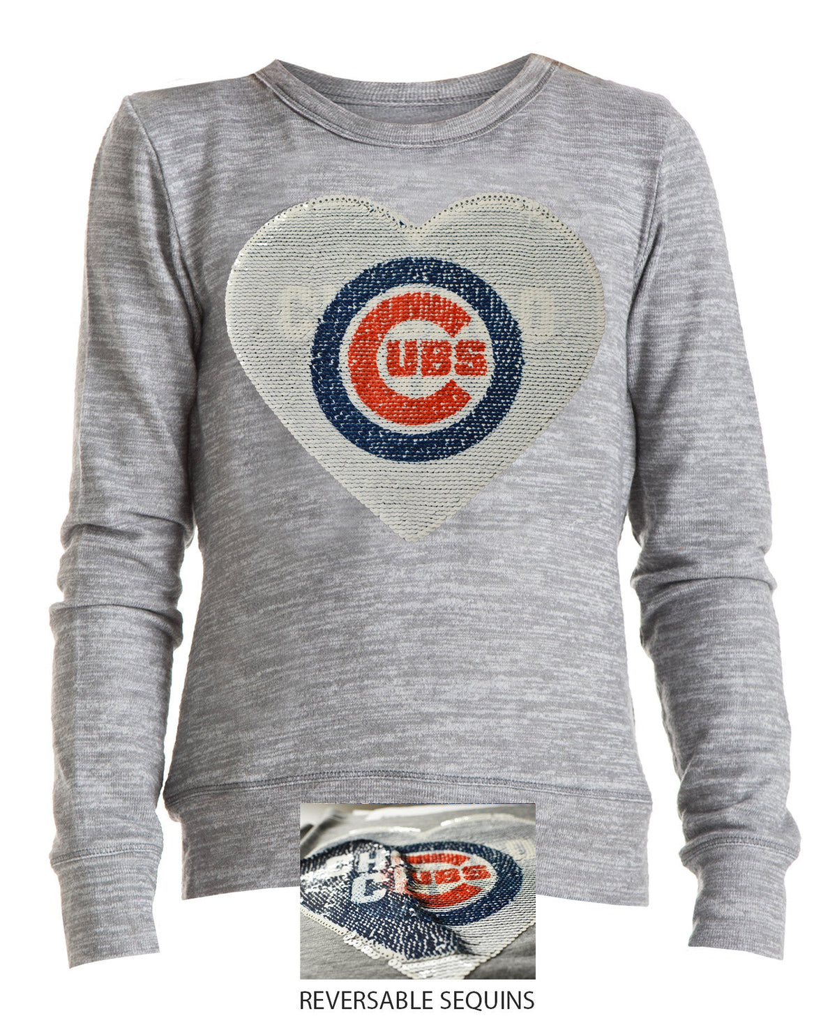 Chicago Cubs Youth Bling Heart Grey Space Dye Knit Pullover with Bullseye Sequin Art product image 1, provided for visual