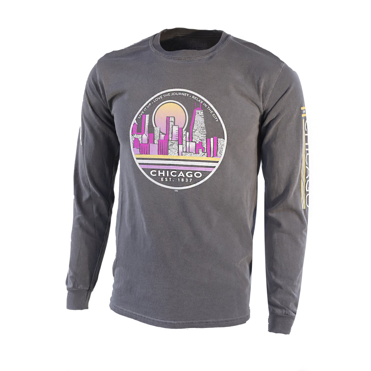Chicago Men Charcoal Night Skyline Long Sleeve T-Shirt product image 1, provided for visual reference and product detail