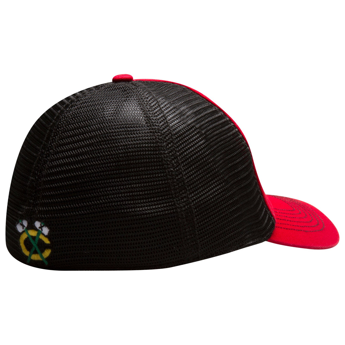 Chicago Blackhawks Red and Black Primary Logo Mesh Back Flex Fit Hat product image 2, provided for visual reference and