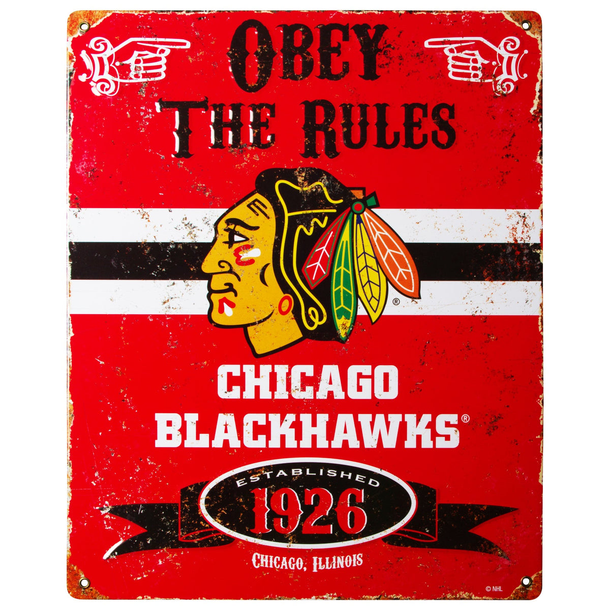 Chicago Blackhawks "Obey The Rules" Vintage Metal Sign product image 1, provided for visual reference and product detail