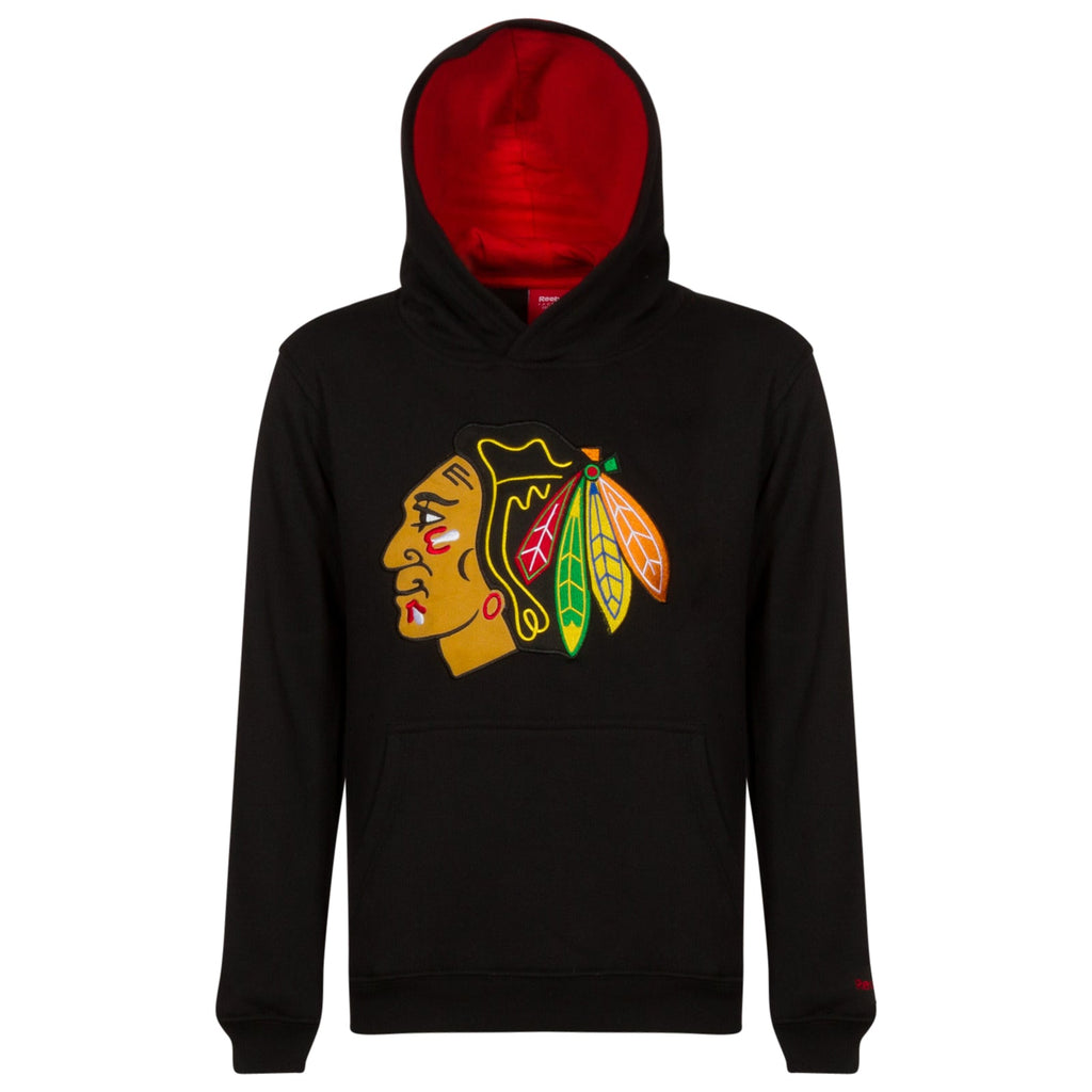 Chicago Blackhawks Youth Black Embroidered Logo Fleece Hoodie product image 1, provided for visual reference and product
