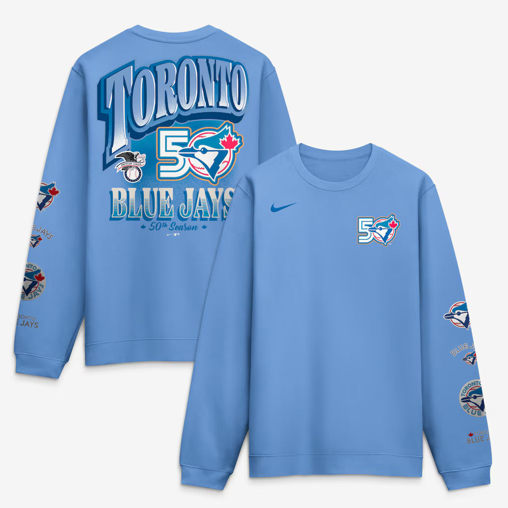 Toronto Blue Jays MLB Nike Men Light Blue 50th Anniversary Club Crew Sweatshirt product image 2, provided for visual