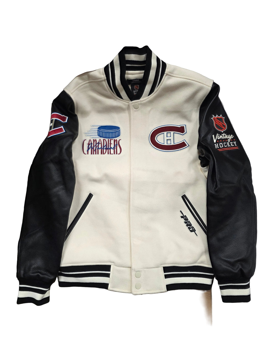 Montreal Canadiens NHL Pro Standard Men Eggshell/Black Vintage Hockey Rib Wool Varsity Jacket product image 2, provided for