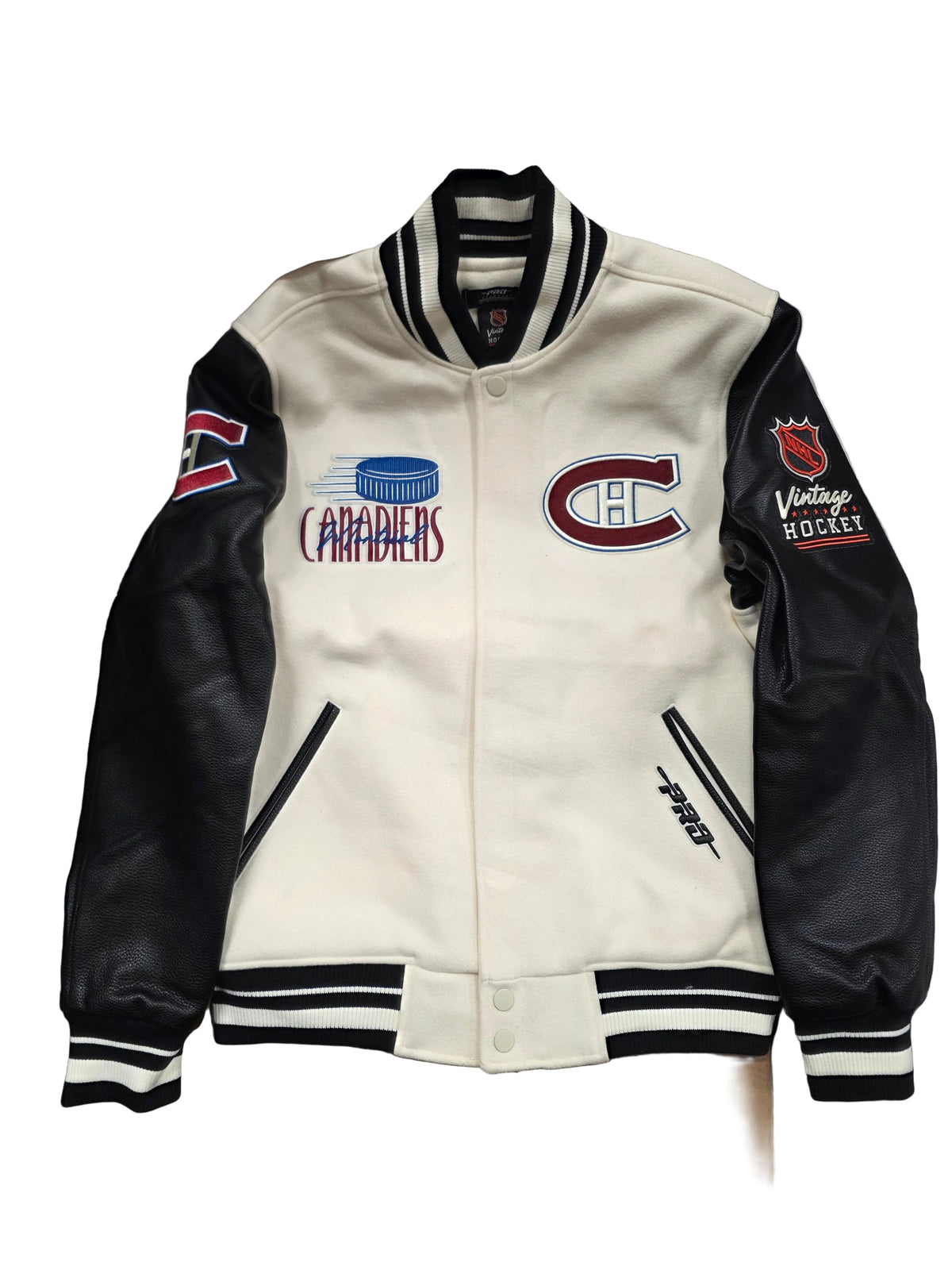 Montreal Canadiens NHL Pro Standard Men Eggshell/Black Vintage Hockey Rib Wool Varsity Jacket product image 2, provided for
