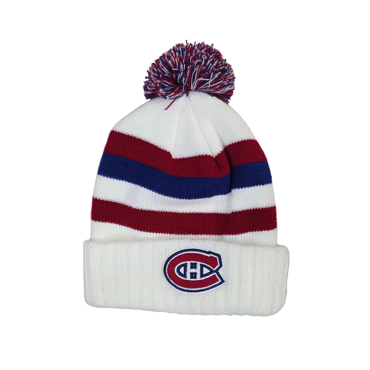 Montreal Canadiens NHL American Needle Men White Striped Pillow Cuff Pom Knit product image 1, provided for visual reference