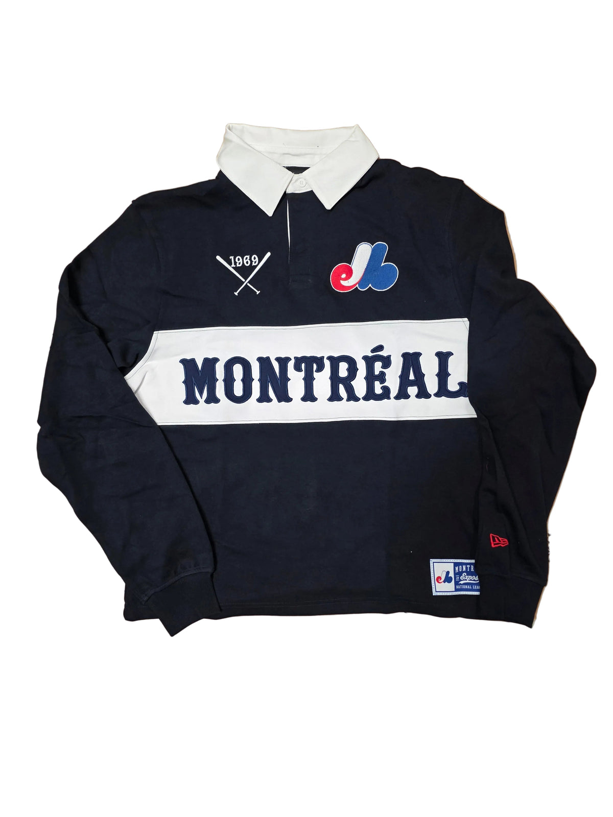 Montreal Expos MLB New Era Men Navy Throwback Rugby Long-sleeve Shirt product image 1, provided for visual reference and