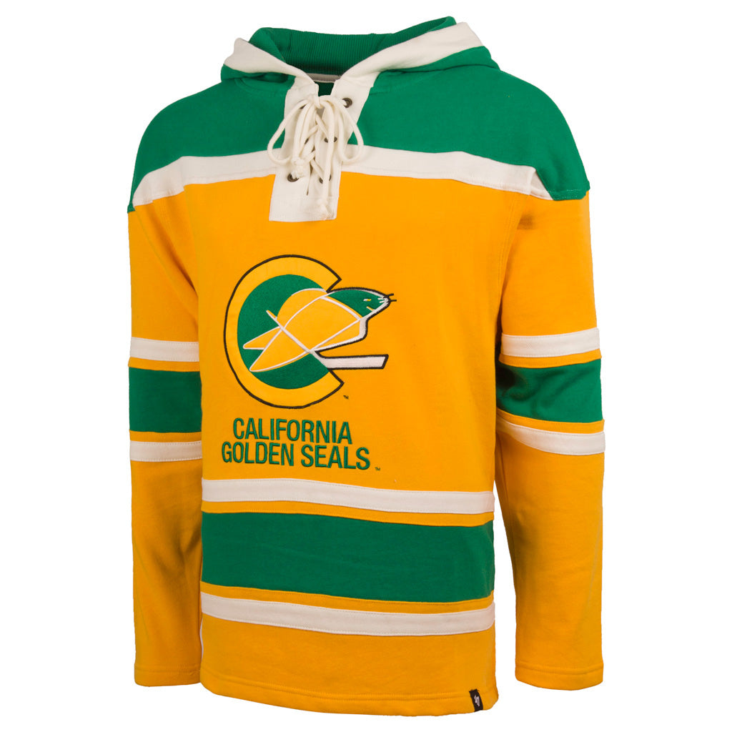 California Golden Seals NHL 47 Brand Men Yellow Vintage Heavyweight Lacer Hoodie product image 1, provided for visual