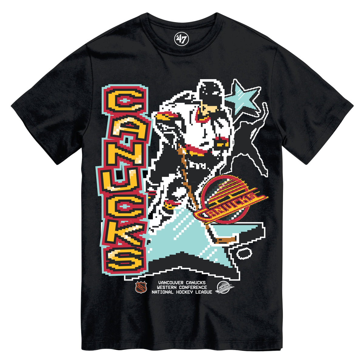 Vancouver Canucks NHL 47 Brand Men Black Slapshot T-Shirt product image 1, provided for visual reference and product detail