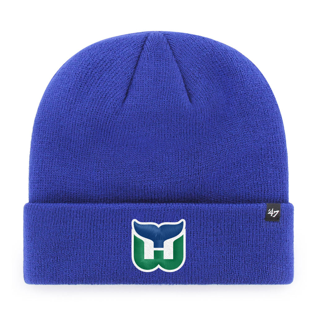 Hartford Whalers NHL 47 Brand Men Royal Raised Cuff Knit Beanie product image 1, provided for visual reference and product